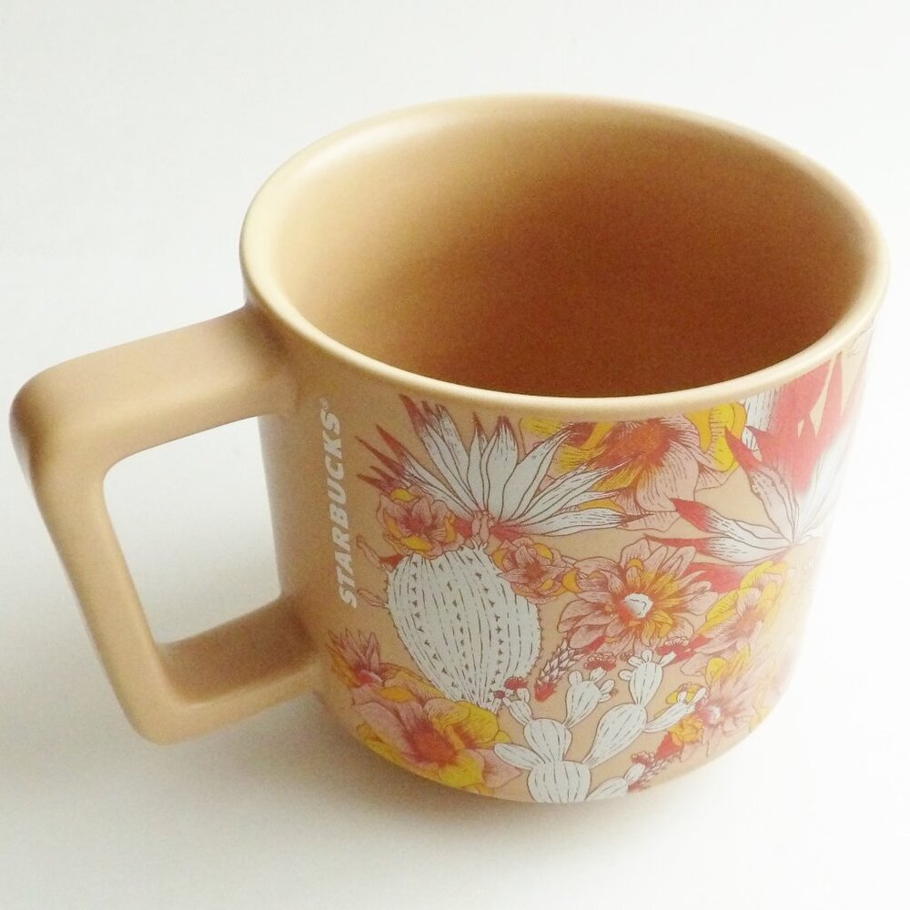 Starbucks 2019 Cactus Flowers Ceramic Coffee Mug 14 oz. Tan Peach D Handle - Picture 3 of 8